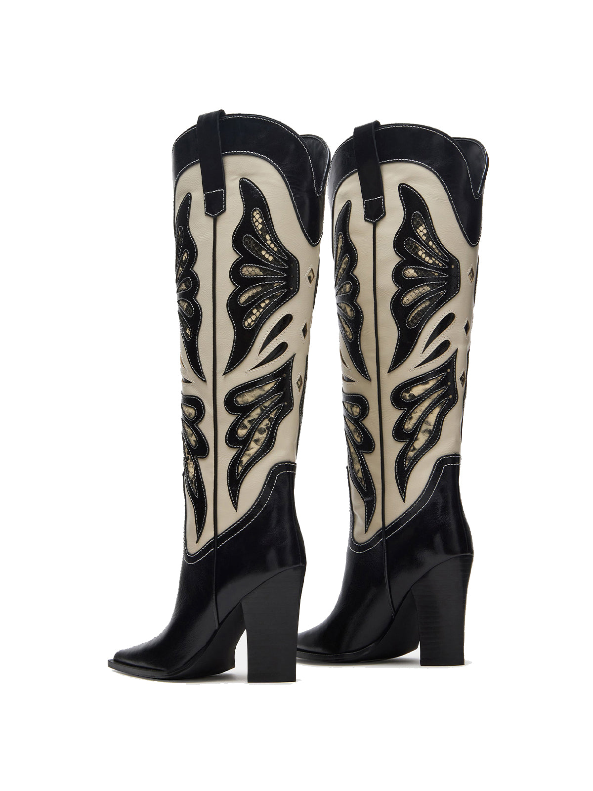 Contrast Black And Bone Pointed-Toe Snakeskin Wings Applique Knee High Cowgirl Boots