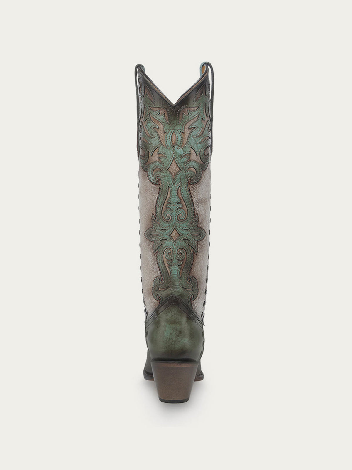 Distressed Turquoise And Bone Snip-Toe Applique And Side Studs Wide Calf Knee High Cowgirl Boots