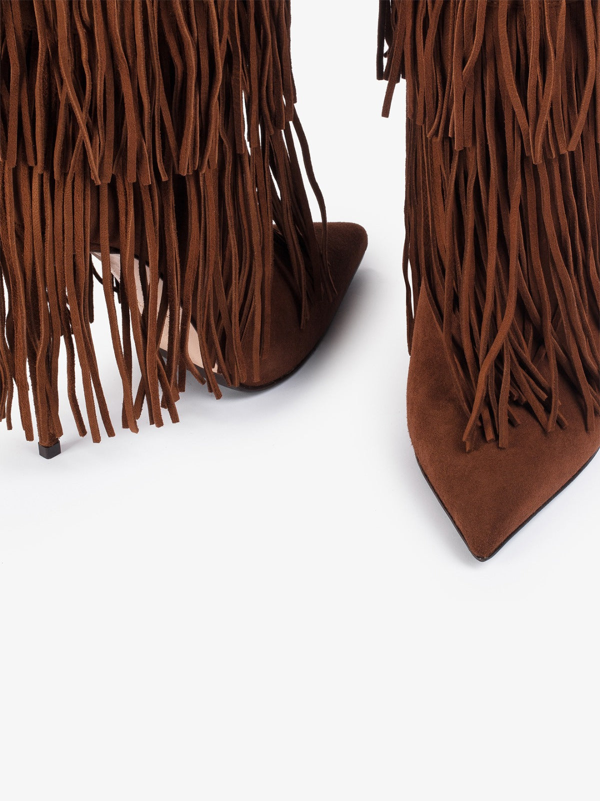 Brown Faux Suede Pointed-Toe Fringe Tall Knee High Wide Calf Stiletto Boots