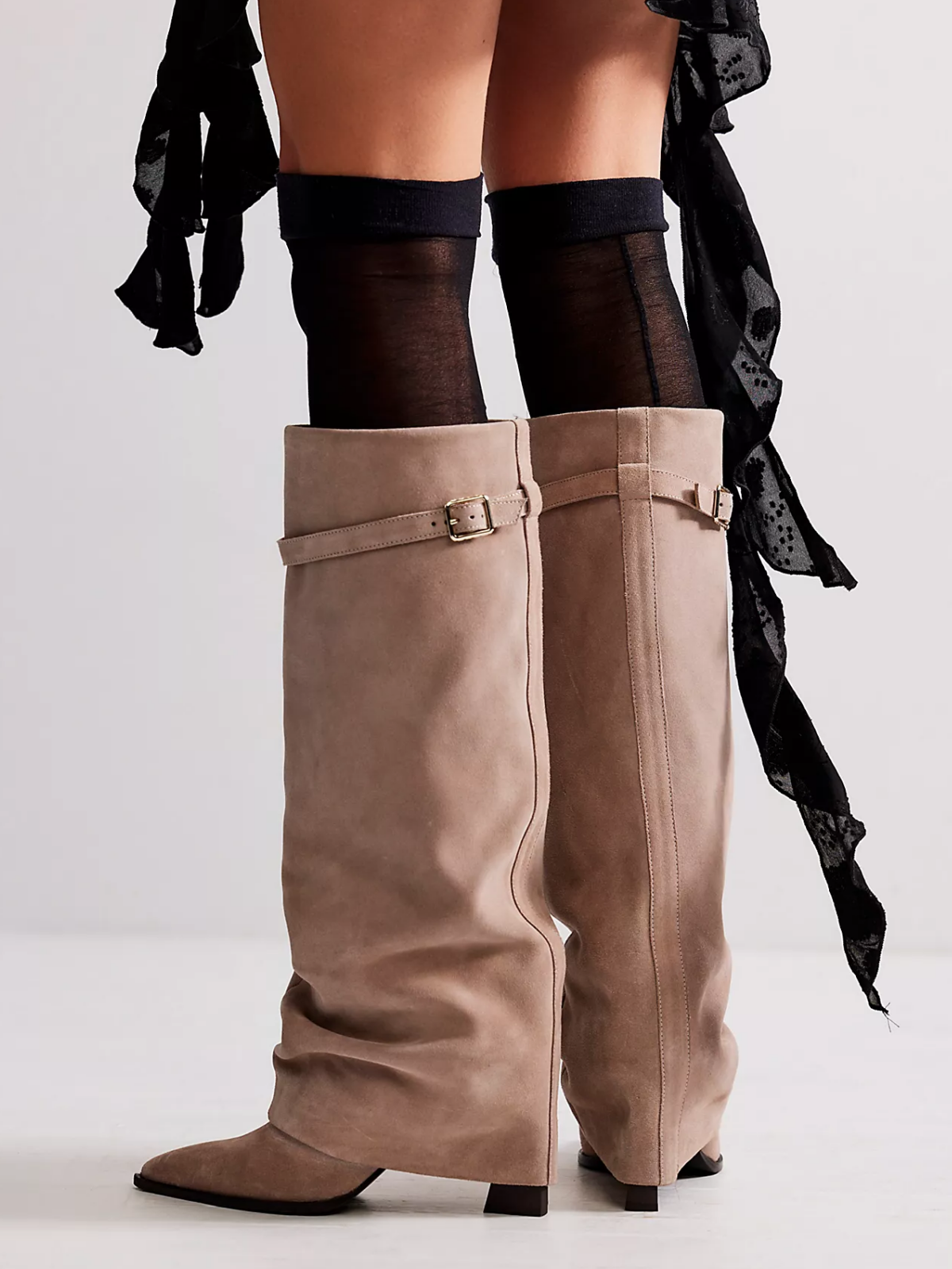 Faux Suede Pointed-Toe Buckle Fold-Over Mid Calf Boots - Frappe
