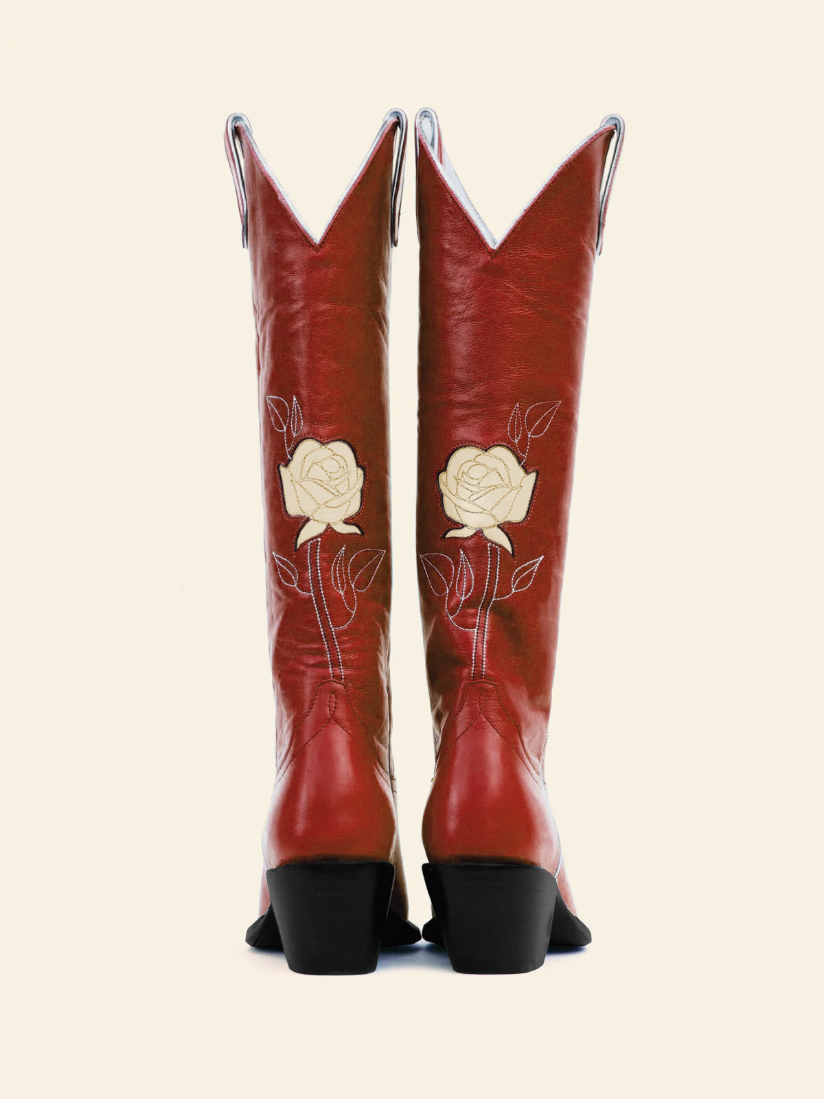 Red Almond-Toe Cowgirl Knee High Boots With White Rose Inlay