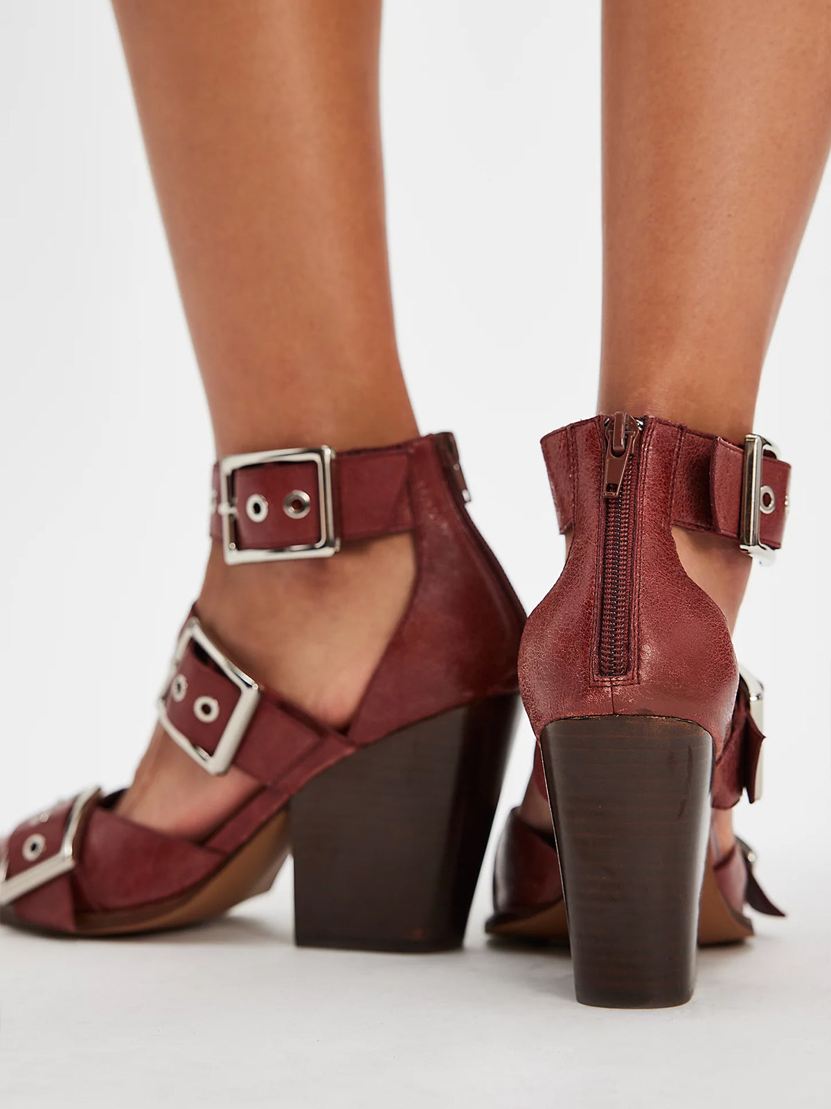 Pointed-Toe Three Buckled Straps Back Zip Chunky High Heels - Dark Pink