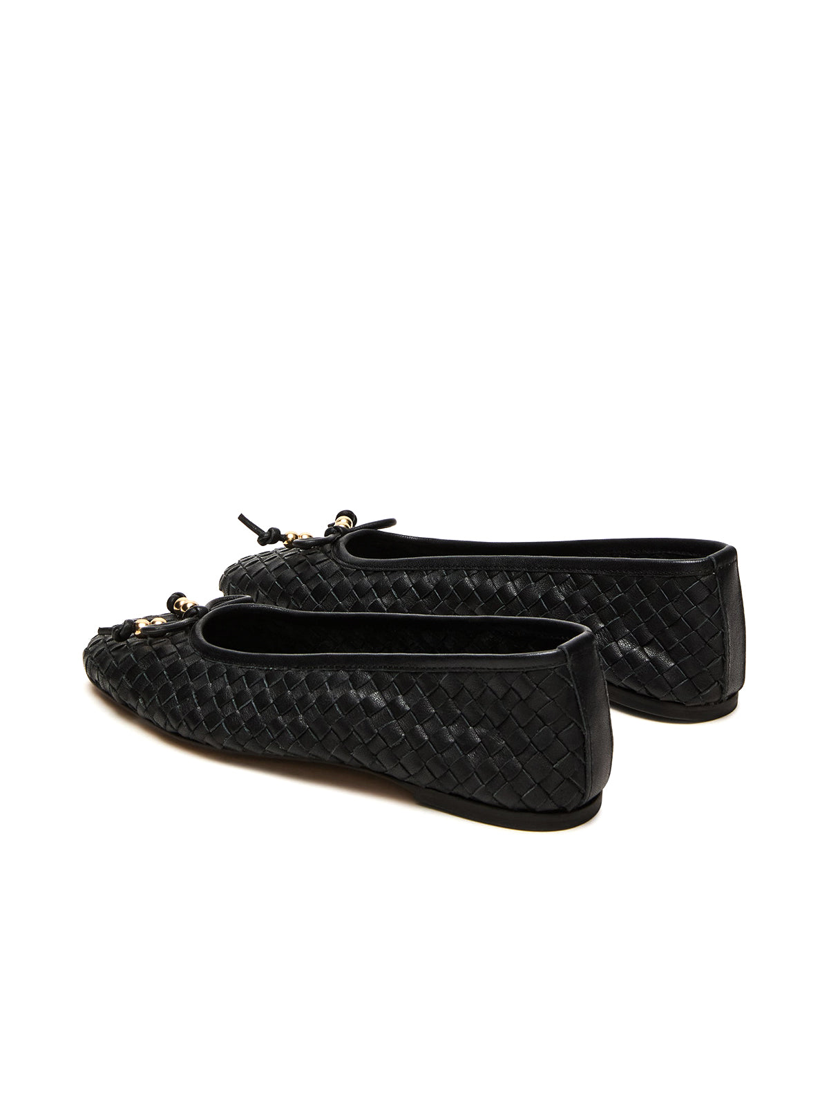Black Vegan Leather Woven Square-Toe Front Bow Slip-On Ballet Flats
