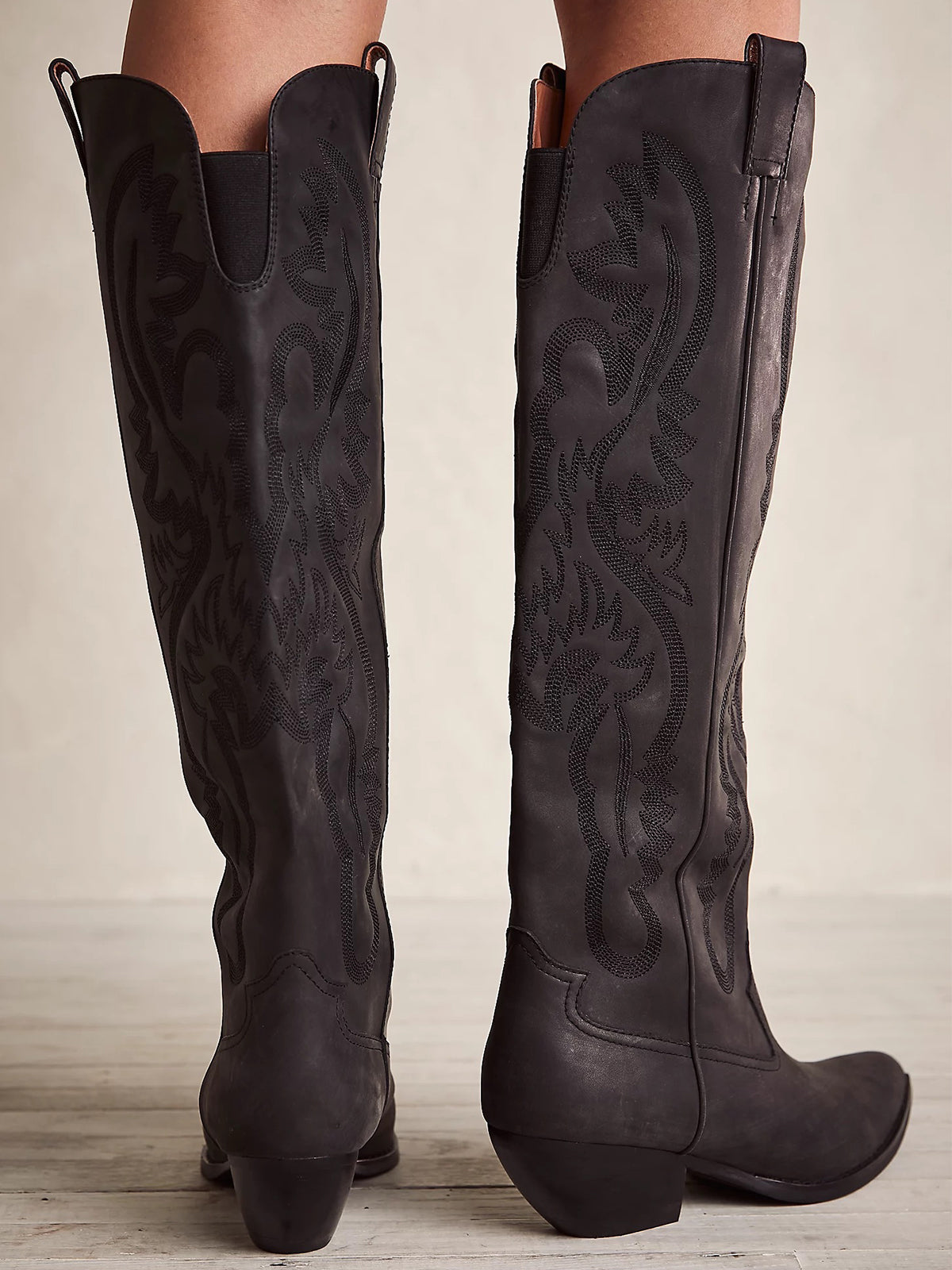 Black Embroidery Pointed-Toe Tall Wide Calf Knee High Cowgirl Boots For Women