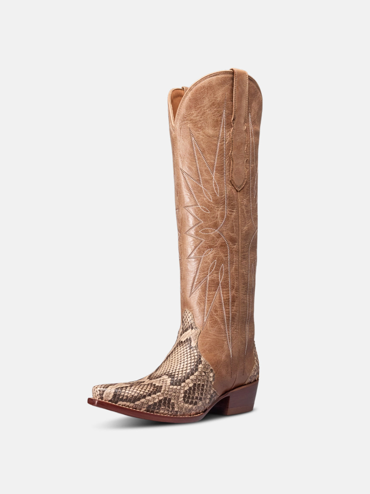 Sand Vegan Leather And Snakeskin Pattern Snip-Toe Embroidery Wide Calf Knee High Cowgirl Boots