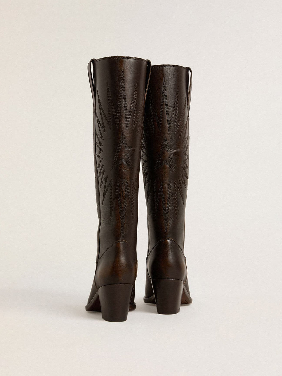 Dark Brown Snip-Toe Star Embroidery Wide Calf Knee High Classic Cowgirl Boots