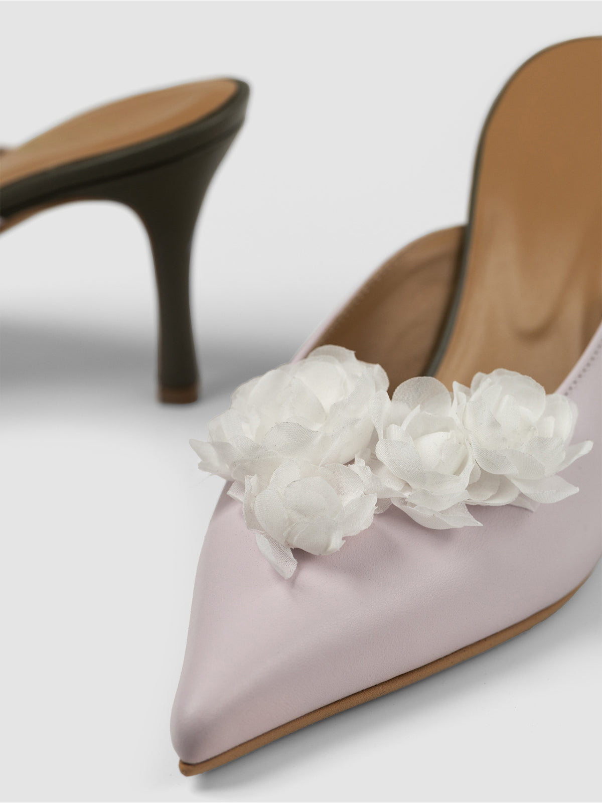 Light Lilac Pointed-Toe Front Floral Detail Backless Chic High Heels