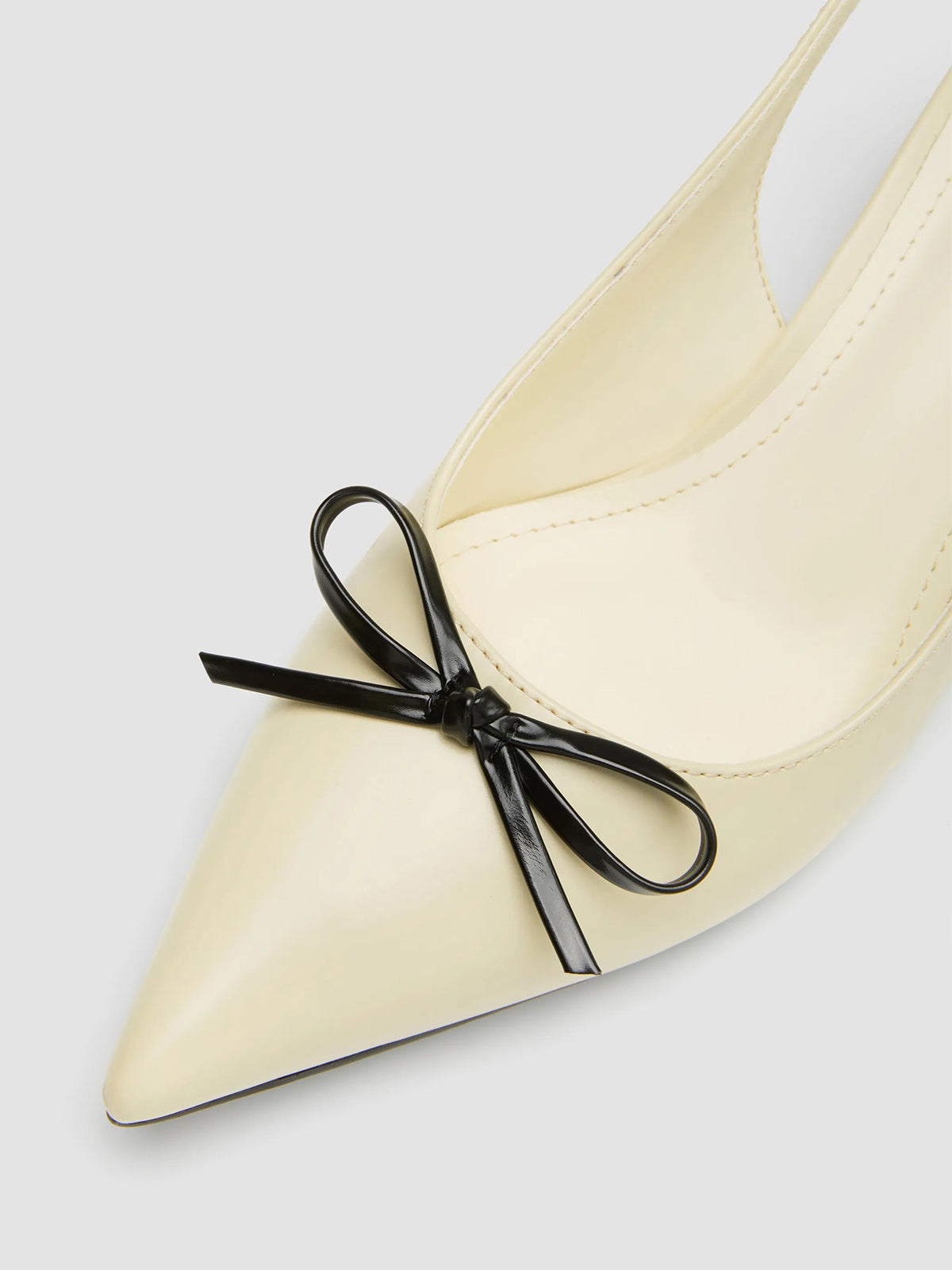 Light Yellow Pointed-Toe Front Bow Buckle Back Strap Kitten Heels