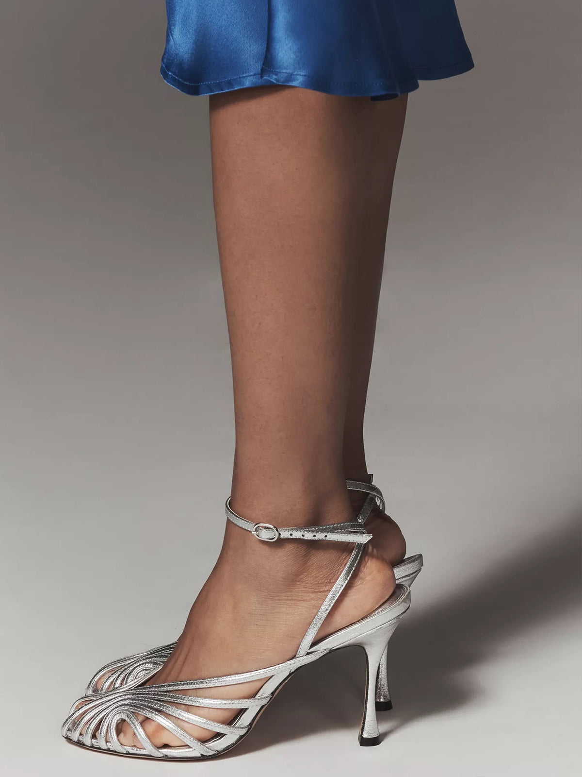 Metallic Silver Peep Pointed-Toe Slingback And Buckle Ankle Strap High Heels