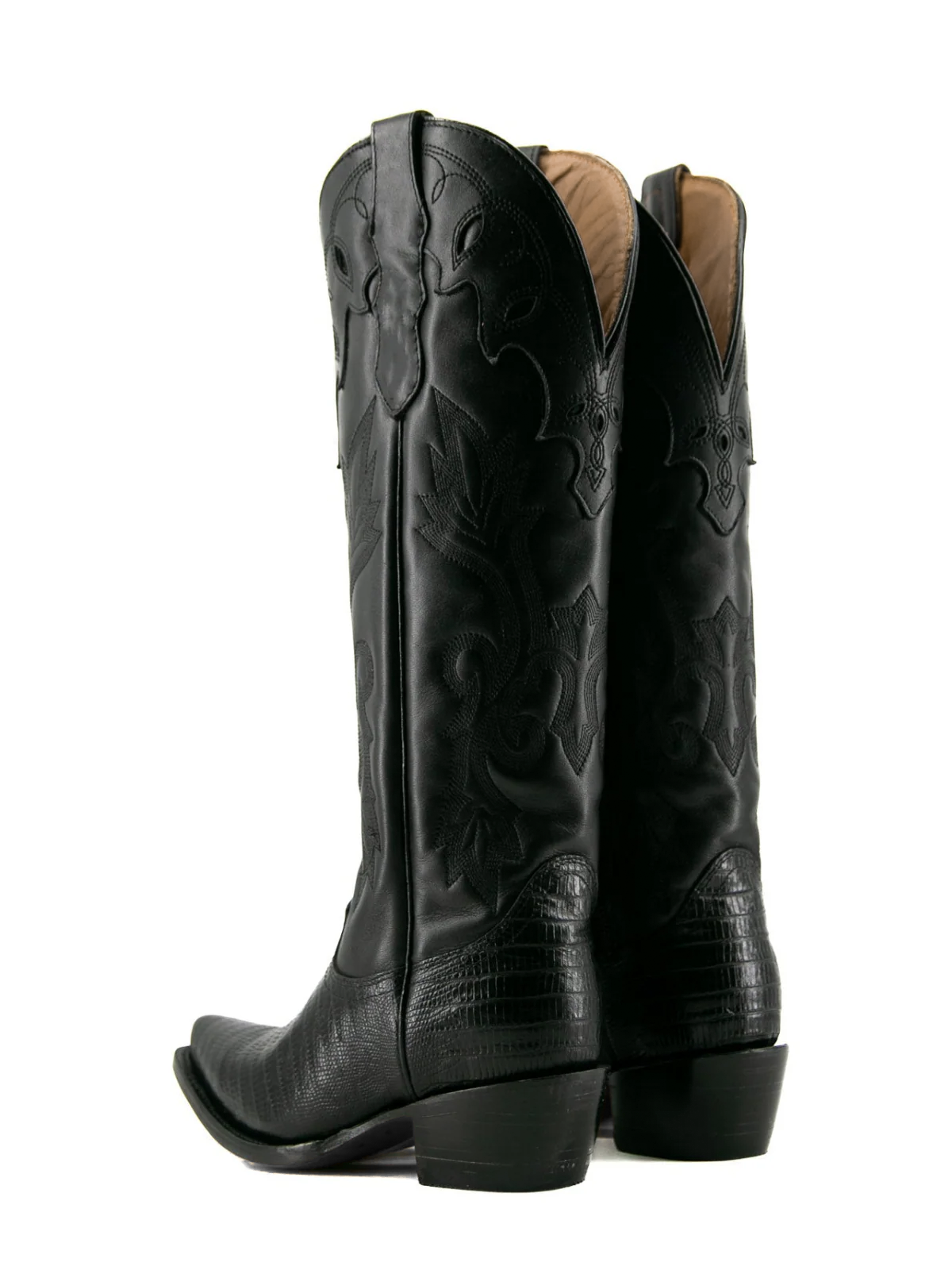 Black Contrast Vegan Leather And Lizard-Embossed Vegan Leather Snip-Toe Embroidery Half-Zip Knee High Cowgirl Boots