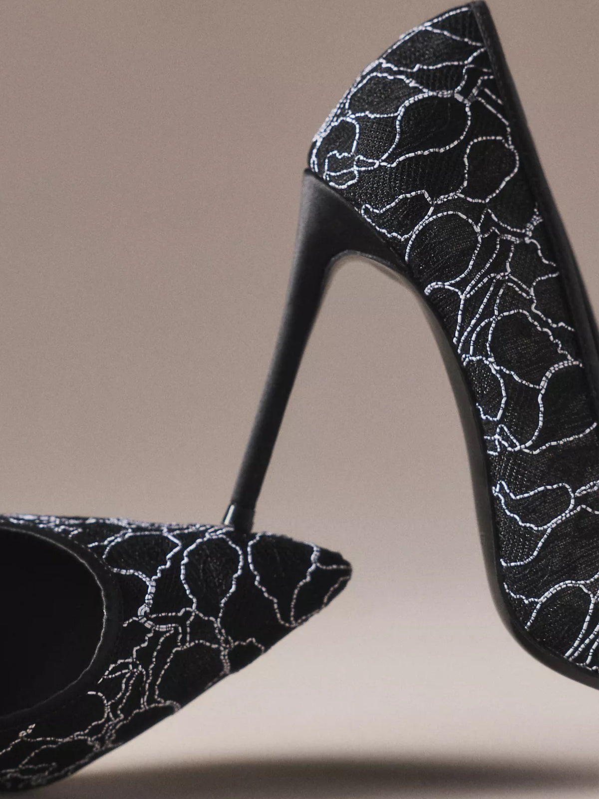 Black Lace Mesh Pointed-Toe Slip-On Stiletto Pumps High Heels