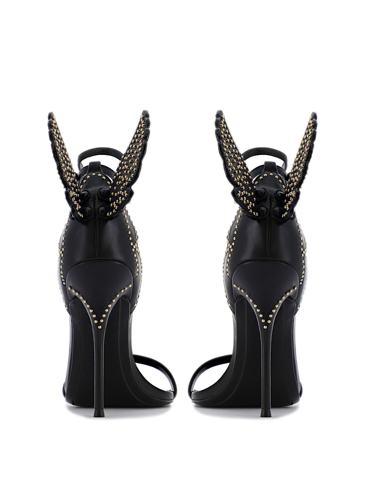 Black Pointed-Toe Gold Studded Back 3D-Wing Double Ankle Strap High Heels