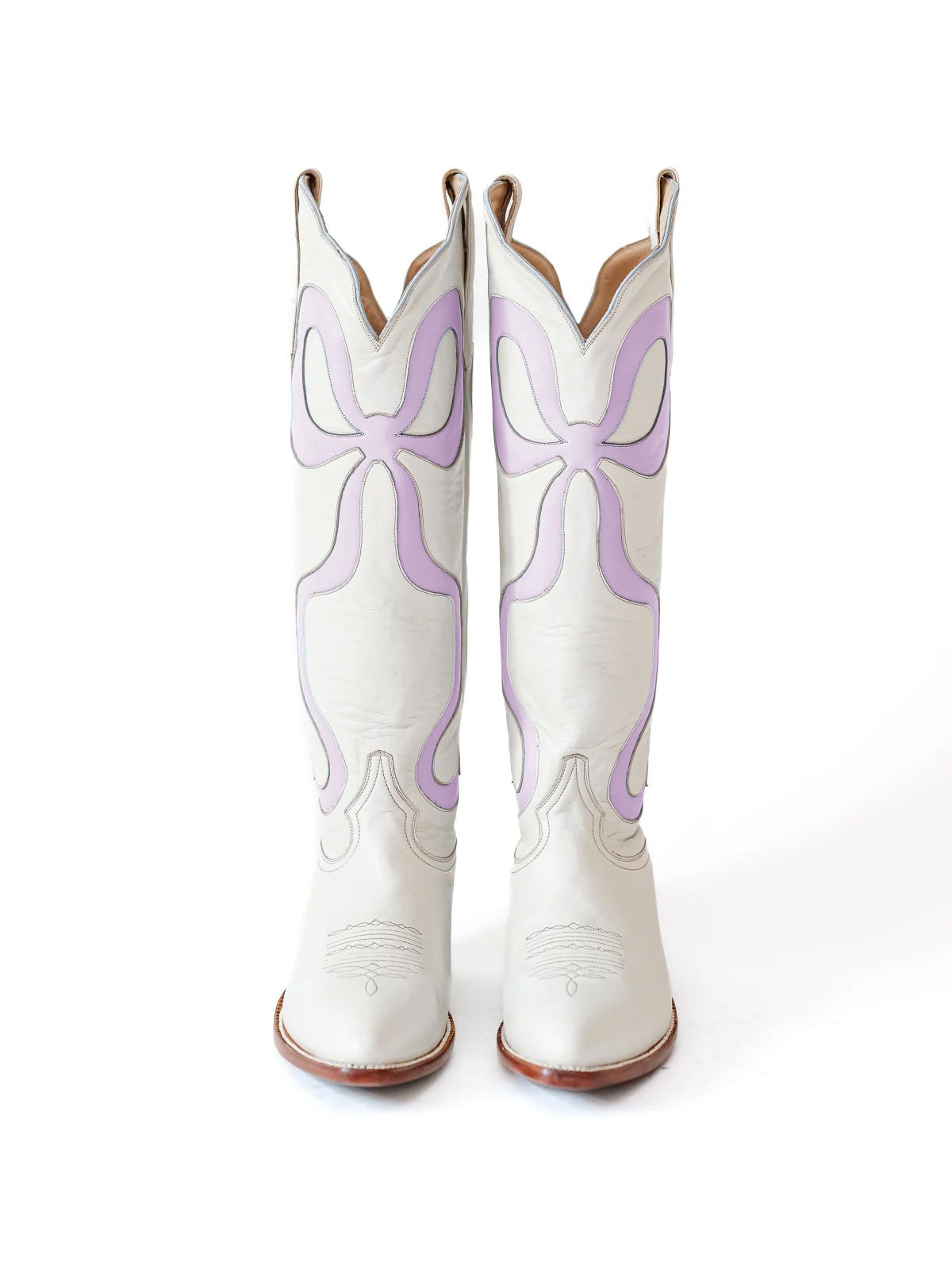 White Almond-Toe Wide Calf Western Boots Knee High Tall Boots With Purple Bowknot Inlay