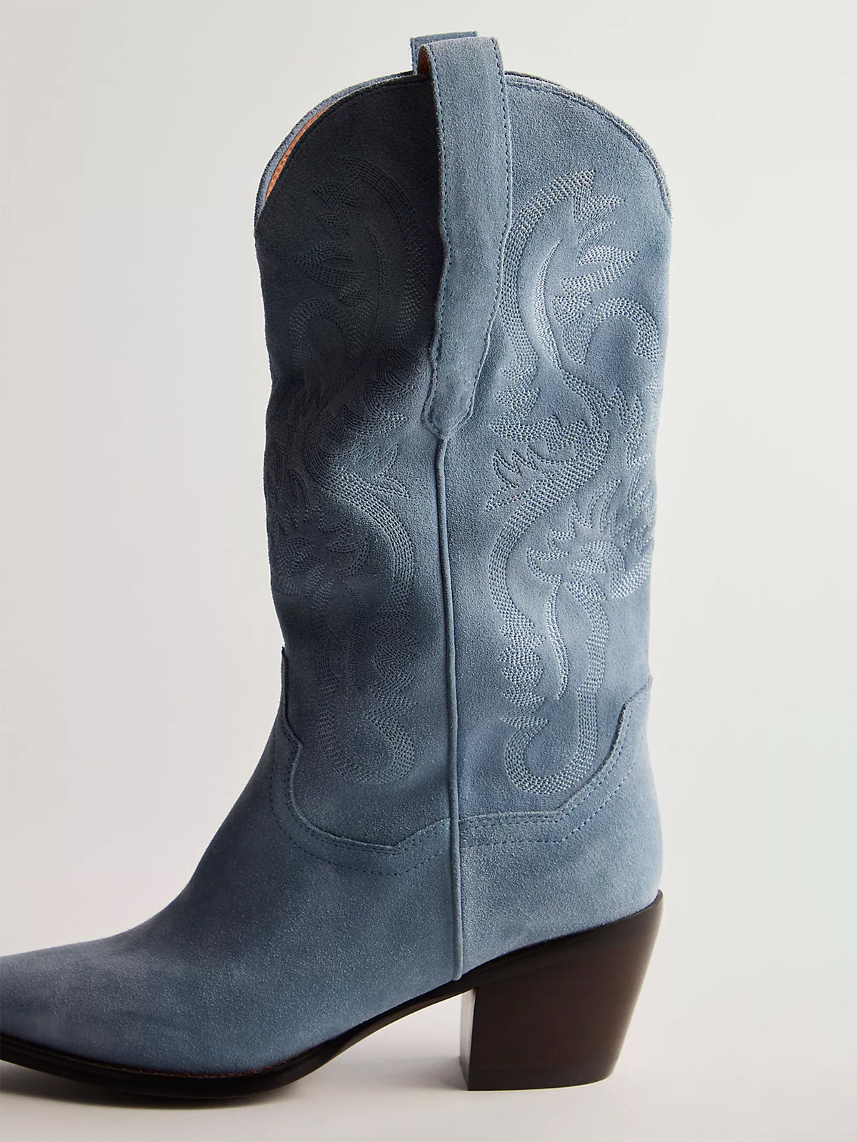 Blue Faux Suede Snip-Toe Western Embroidery Mid Calf Cowgirl Boots