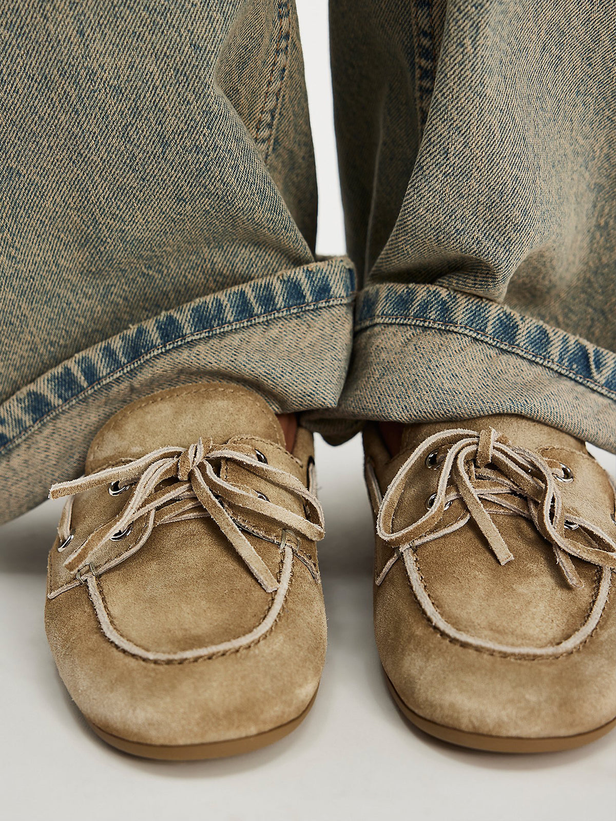 Olive Green Faux Suede Round-Toe Lace-Up Boat Shoes Flats