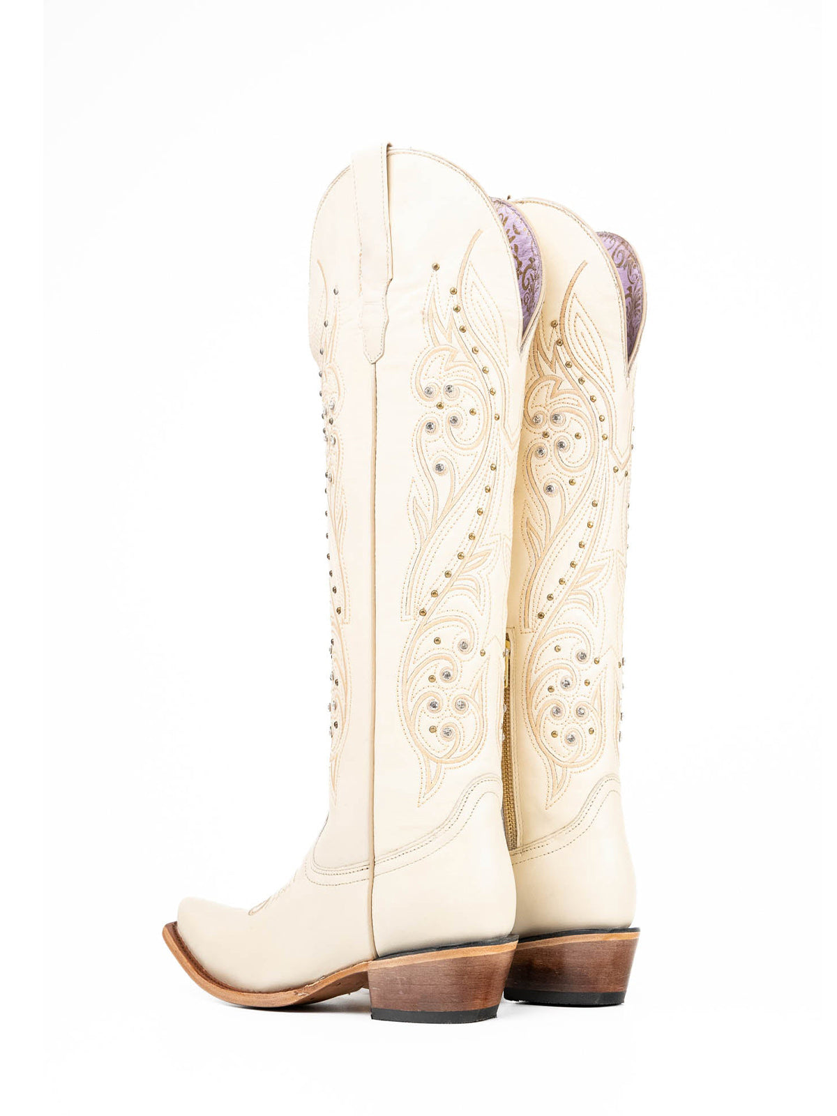 Bone Snip-Toe Half-Zip Embroidery Studded Rhinestone Tall Over-The-Knee Cowgirl Boots