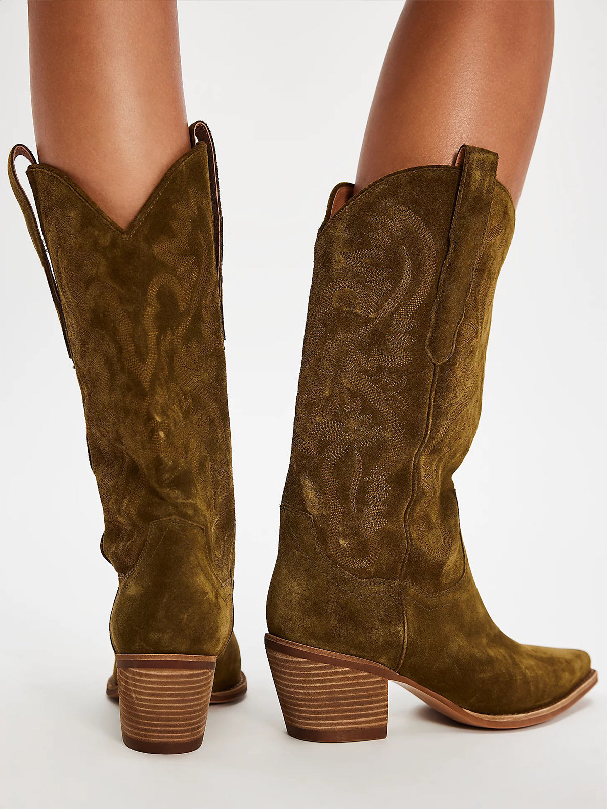 Snip-Toe Chic Western Embroidery Sleek Mid Calf Cowgirl Boots - Khaki Faux Suede