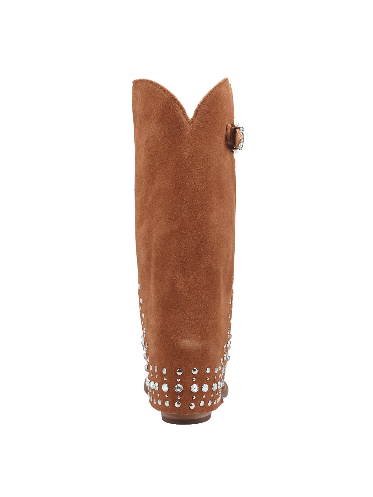Brown Faux Suede Snip-Toe Fold-Over Rhinestones Top Buckle Mid Calf Cowgirl Boots