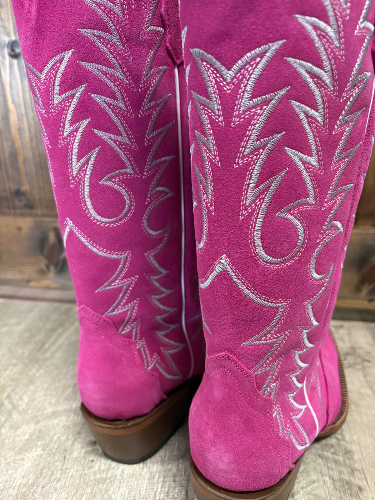 Pink Faux Suede Snip-Toe Classic Embroidery Wide Calf Knee High Cowgirl Boots