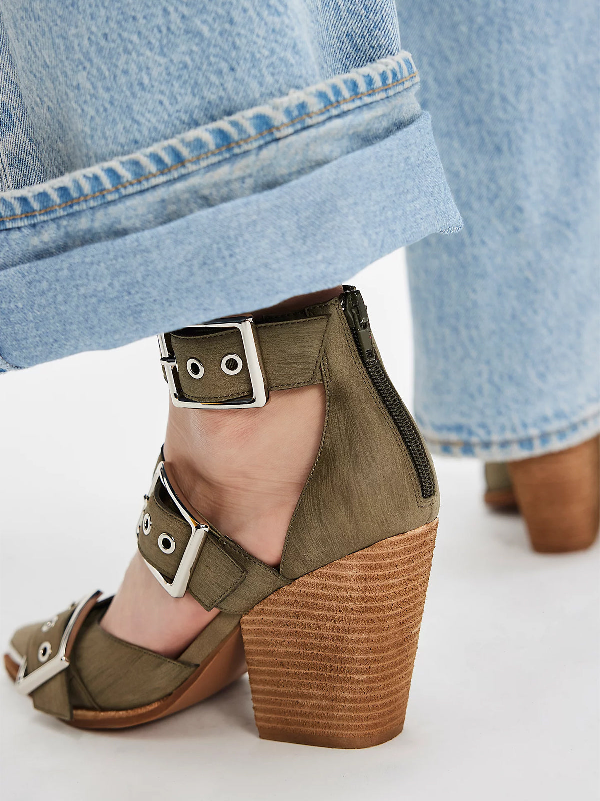 Pointed-Toe Three Buckled Straps Back Zip Chunky High Heels - Olive Natural