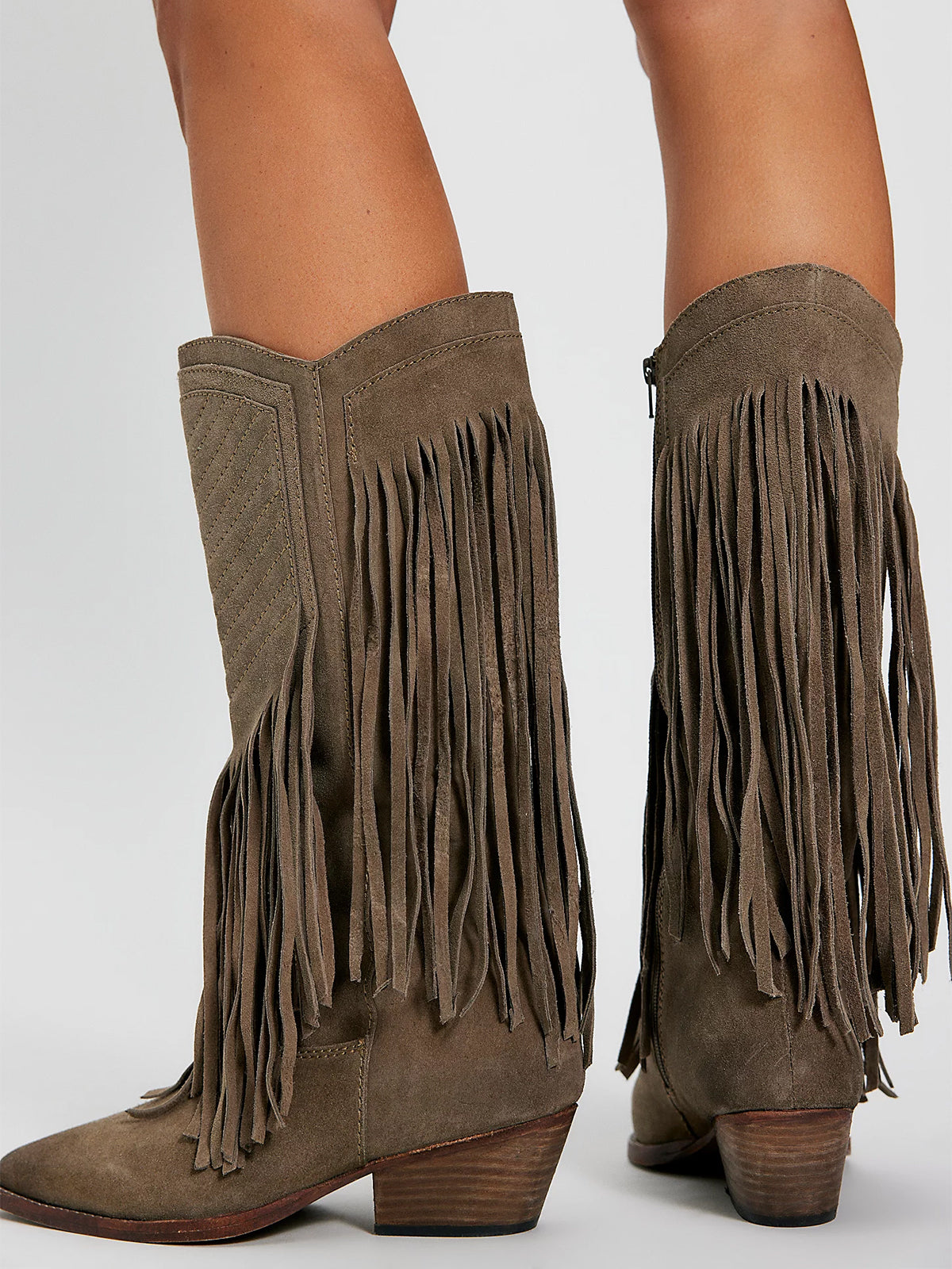 Taupe Faux Suede Pointed-Toe Fringe Full-Zip Mid Calf Cowgirl Boots