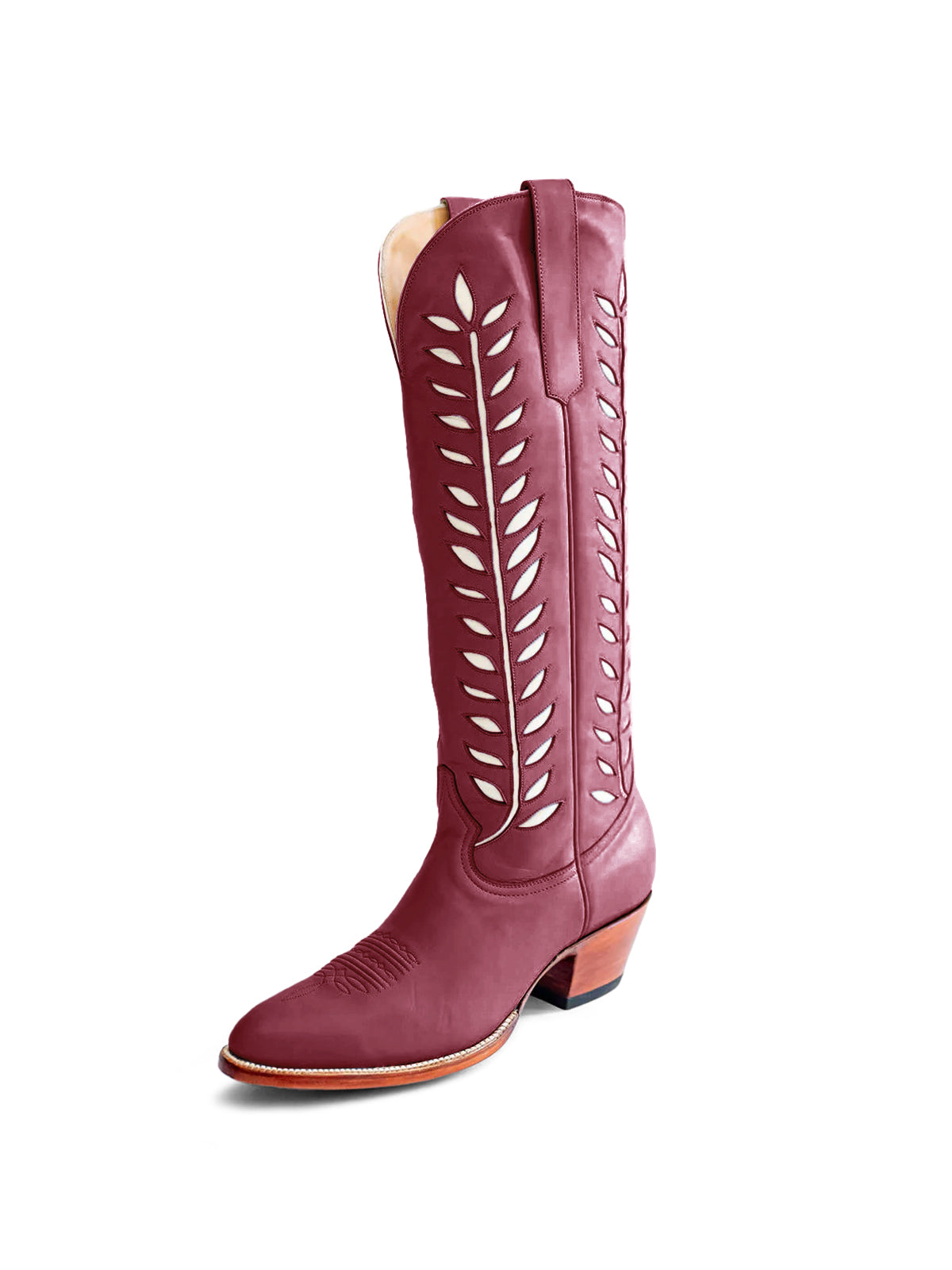 Almond-Toe White Leaves Inlay Wide Calf Tall Knee High Cowgirl Boots - Wine Red