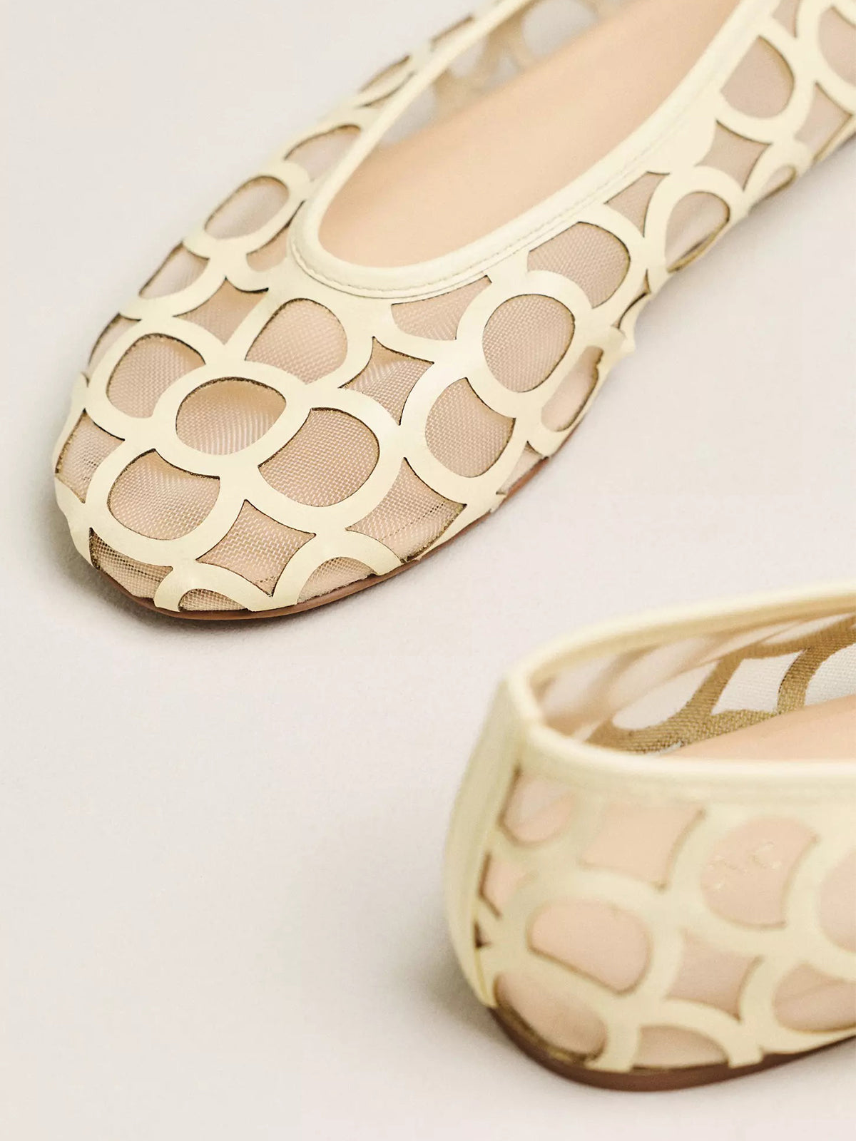 Light Yellow Vegan Leather Round-Toe Cutout With Mesh Ballet Flats