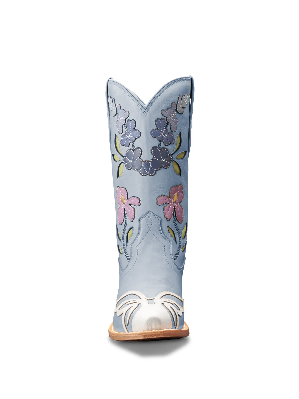 Light Purple Snip-Toe Flower Applique Mid Calf Pull On Cowgirl Boots