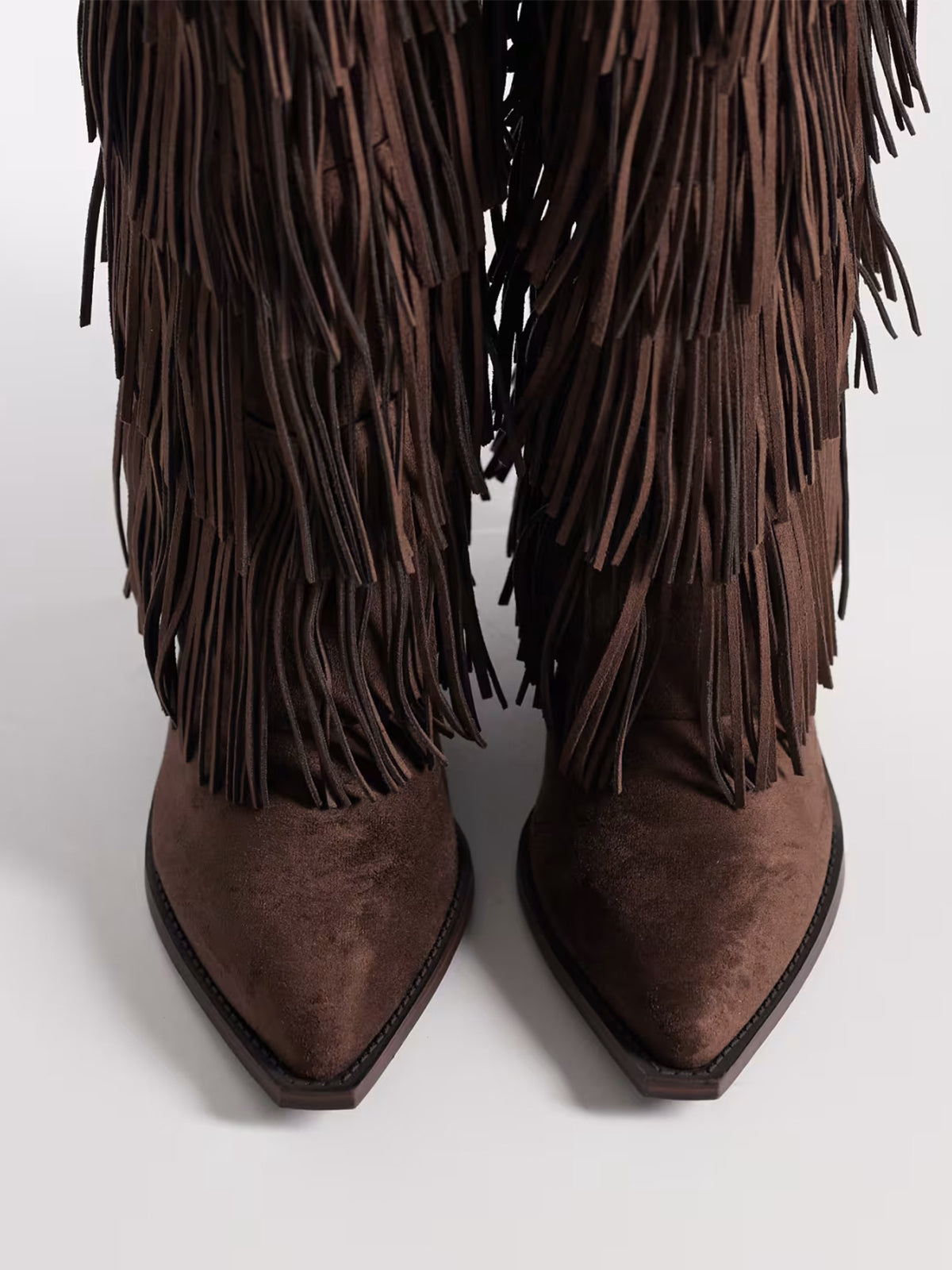 Chocolate Pointed-Toe Fringe And Studs Full-Zip Knee High Tall Cowgirl Boots