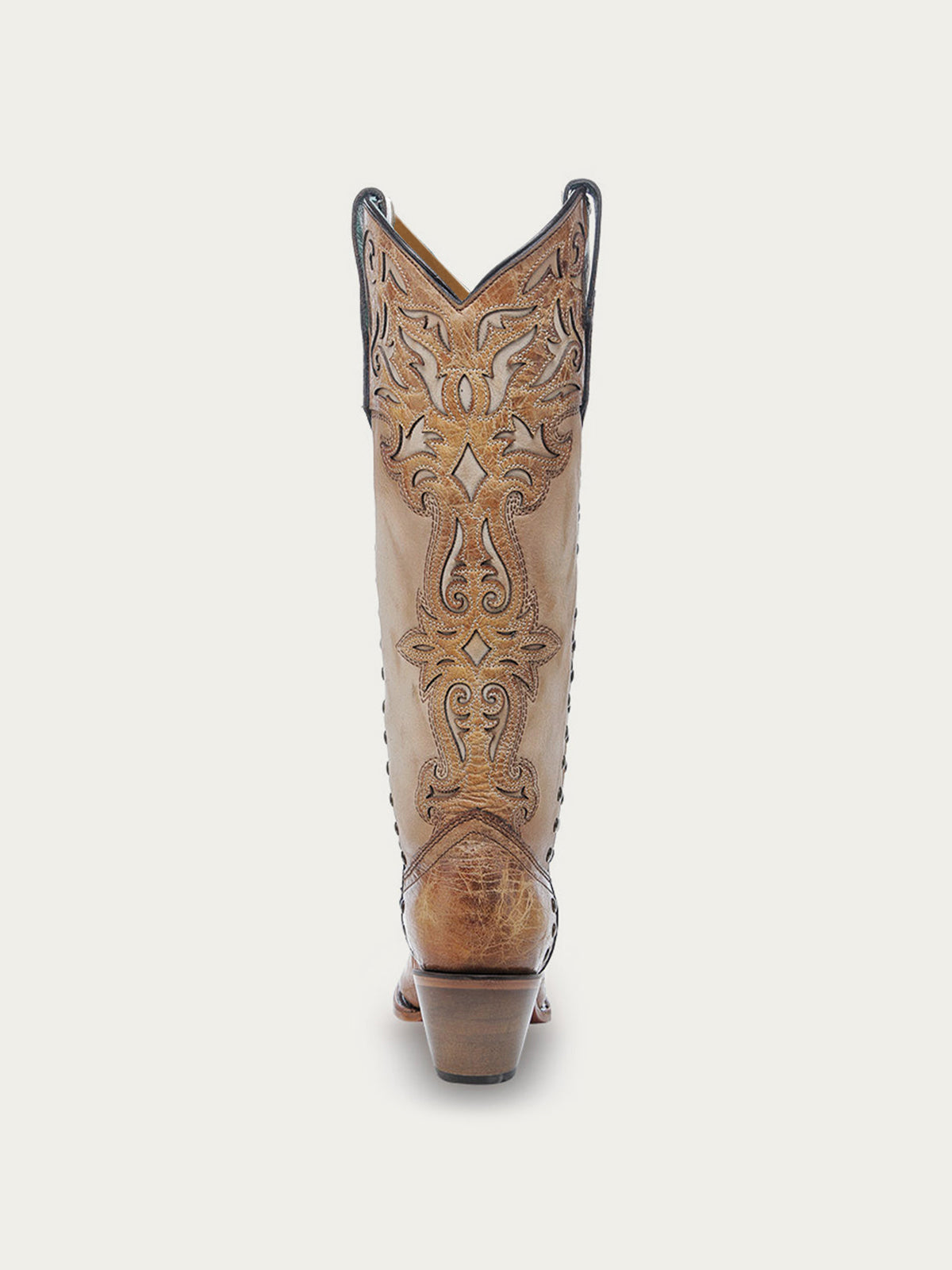 Distressed Honey And Bone Snip-Toe Applique And Side Studs Wide Calf Knee High Cowgirl Boots