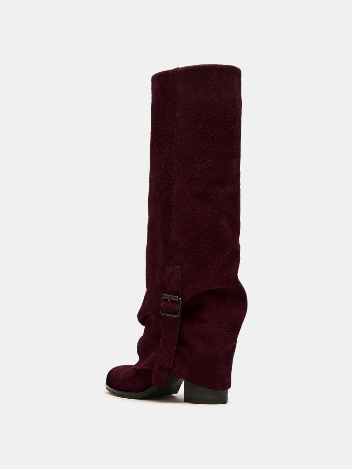 Wine Red Faux Suede Round-Toe Fold-Over Adjustable Buckle Knee High Cowgirl Boots