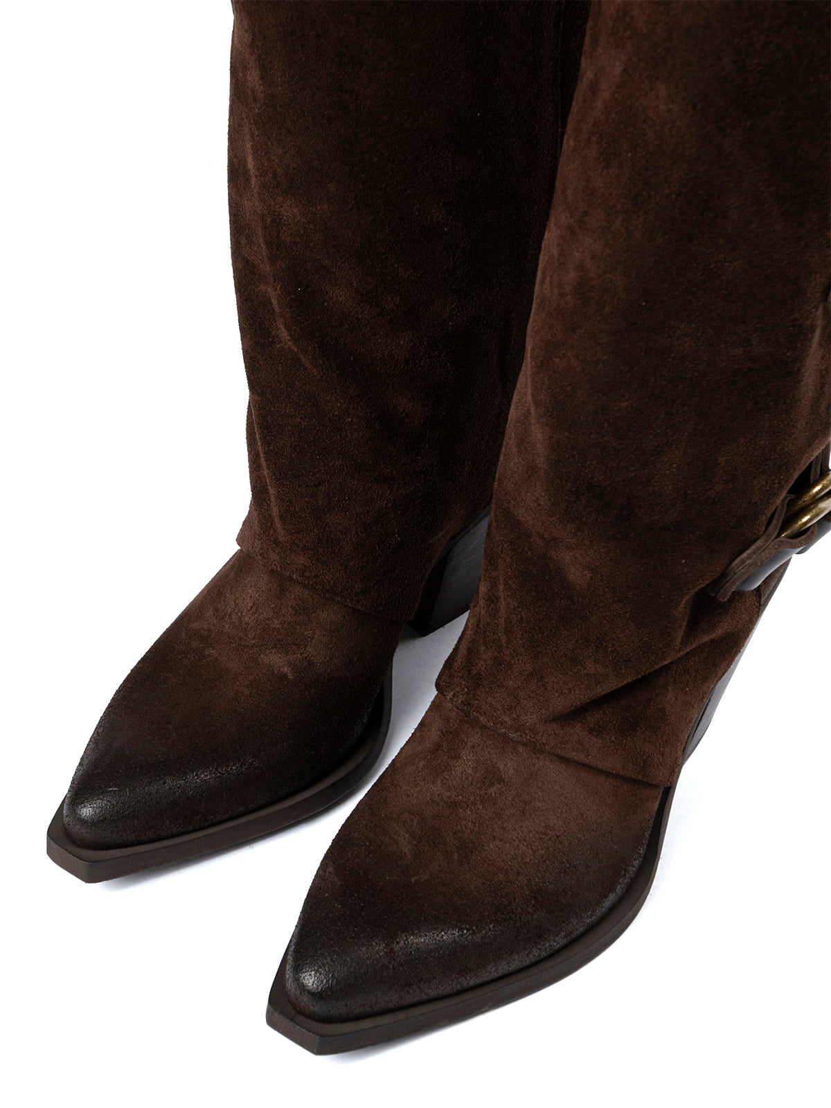 Brown Faux Suede Snip-Toe Three Buckle Straps Fold-Over Wide Calf Knee High Cowgirl Boots