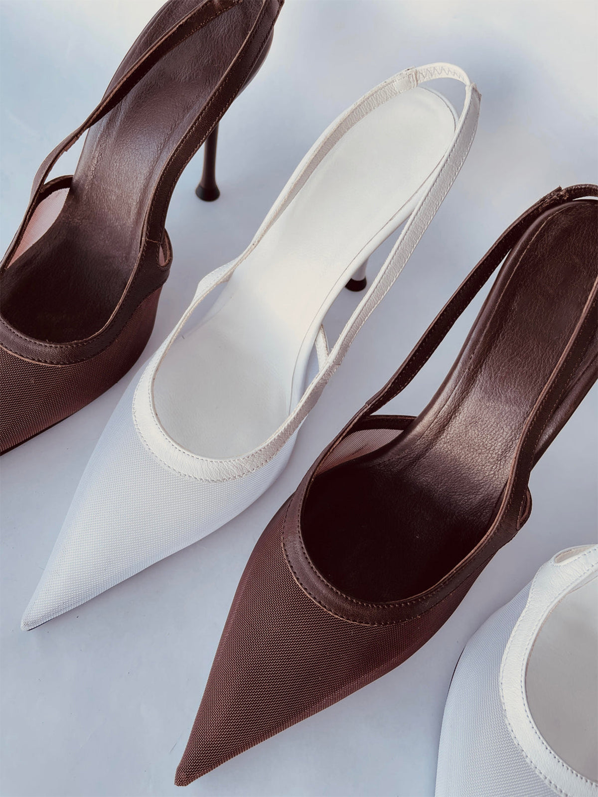 Brown Mesh Pointed-Toe Chic Back Strap Pumps High Heels