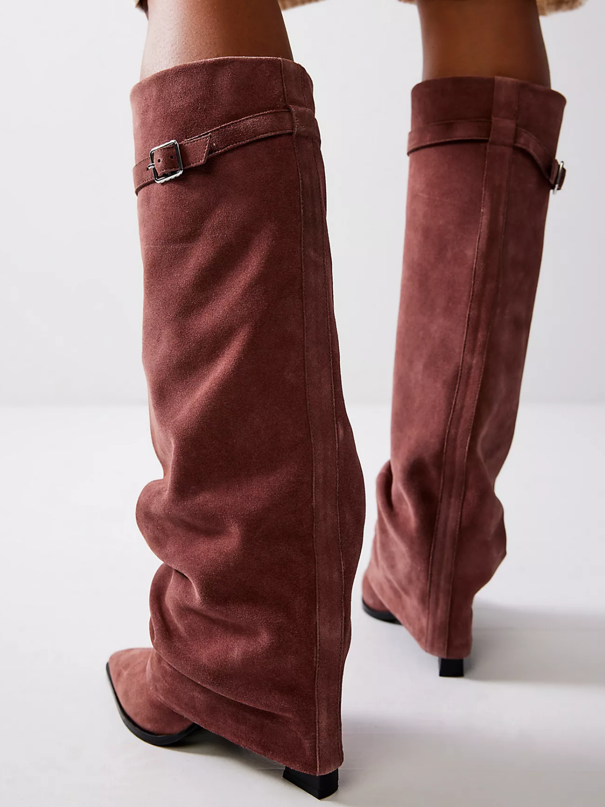 Faux Suede Pointed-Toe Buckle Fold-Over Mid Calf Boots - Mauve