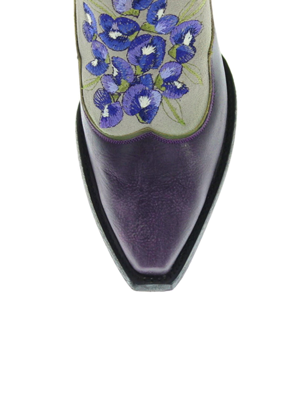 Contrast Beige And Purple Snip-Toe Blue Flowers Embroidery Mid Calf Cowgirl Boots