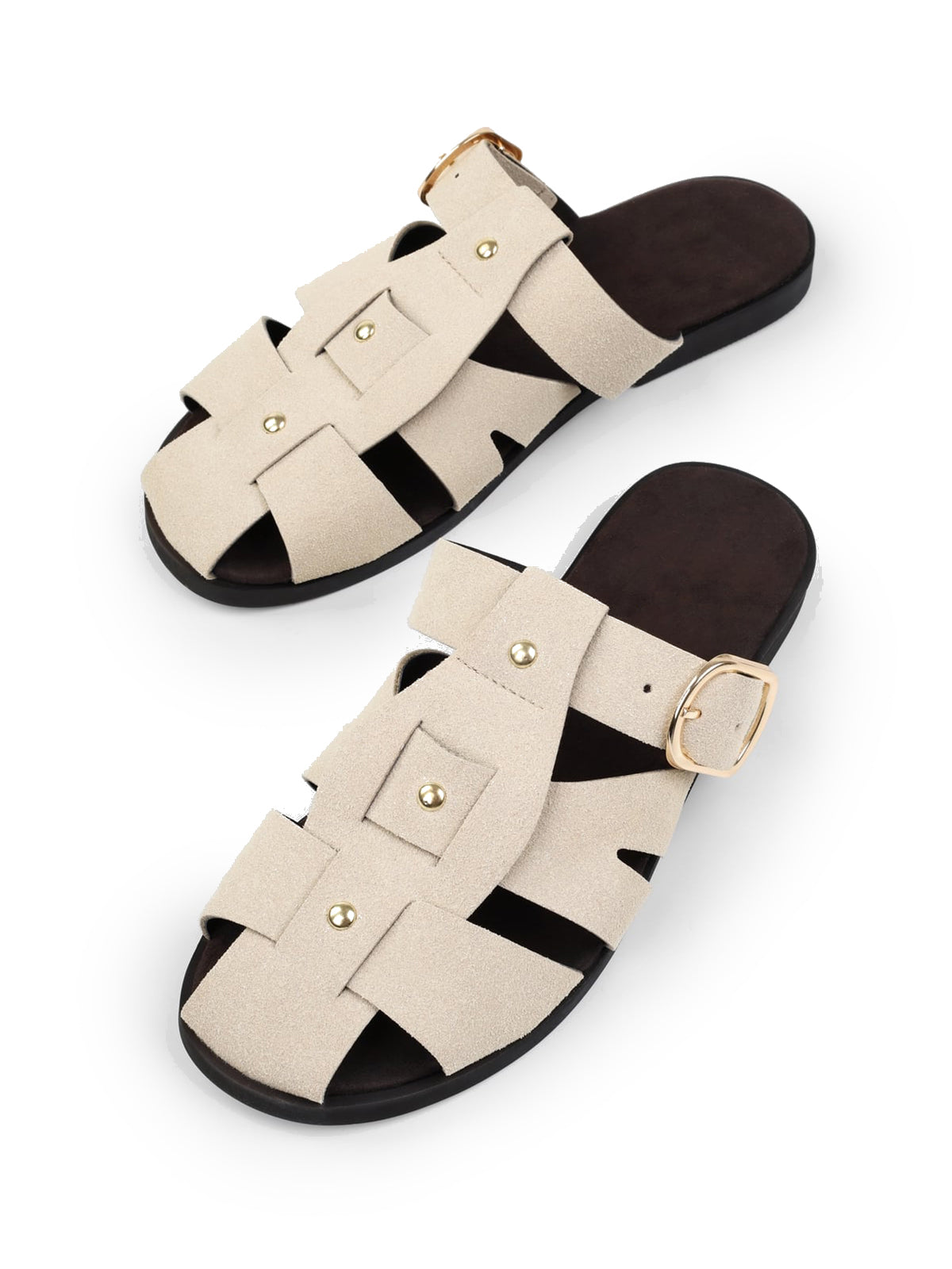 Bone Cow Suede Round-Toe Caged Detail And Studs Backless Flats