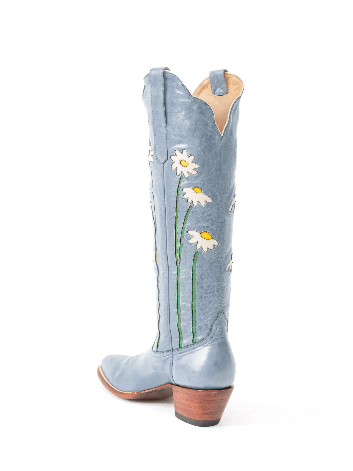 Gray Almond-Toe Wide Calf Western Boots Knee High Tall Boots With Floral Inlay