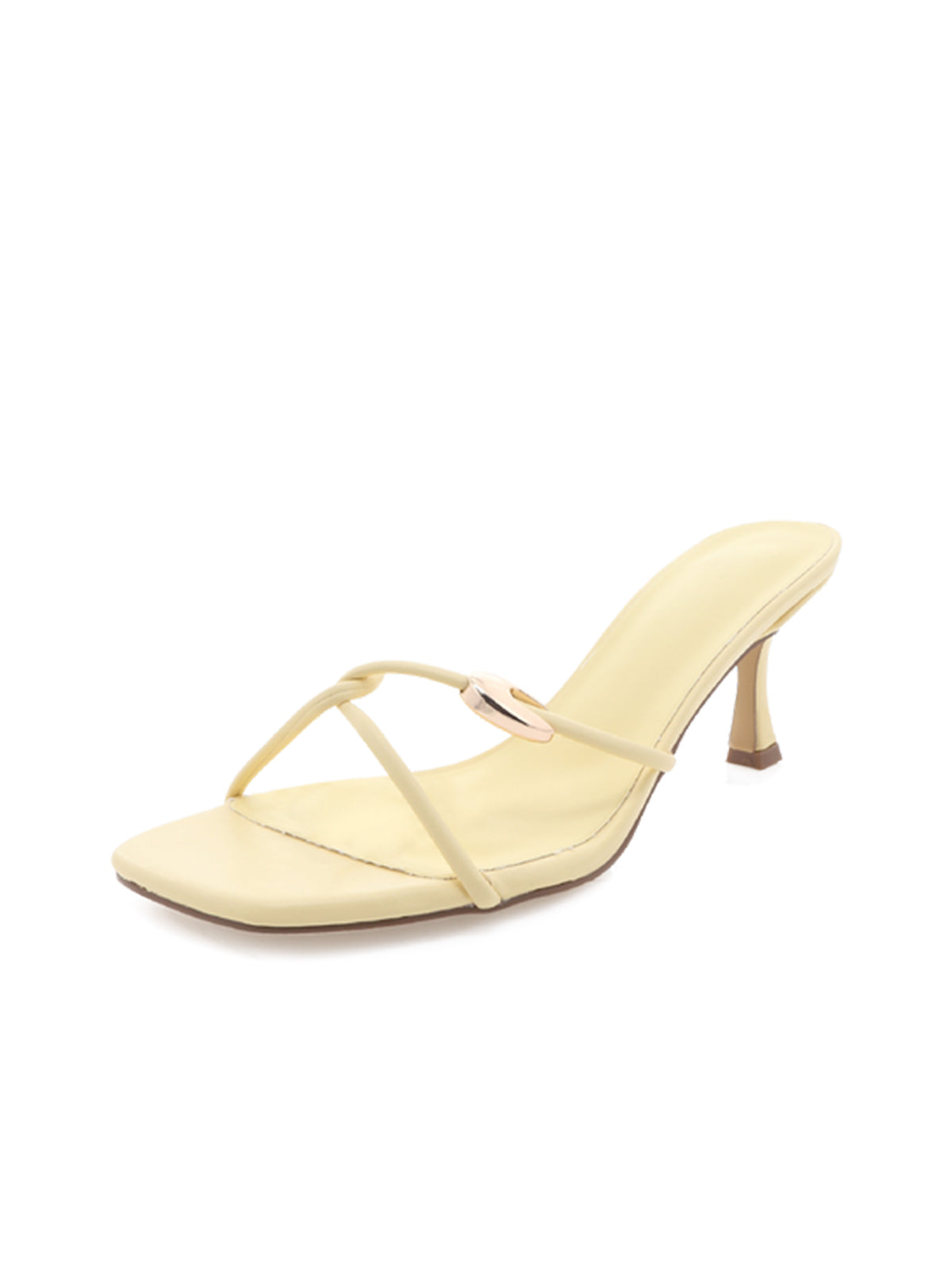 Yellow Open Square-Toe Three Thin Straps Backless Kitten Heels