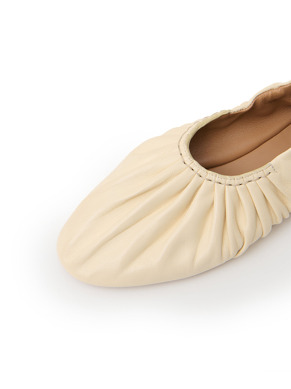 Cream Round-Toe Ruched Classic Ballet Flats