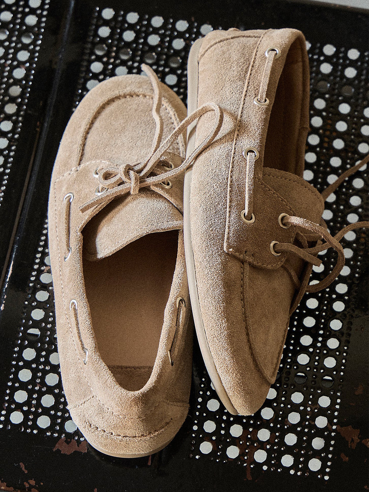 Taupe Faux Suede Round-Toe Lace-Up Boat Shoes Flats