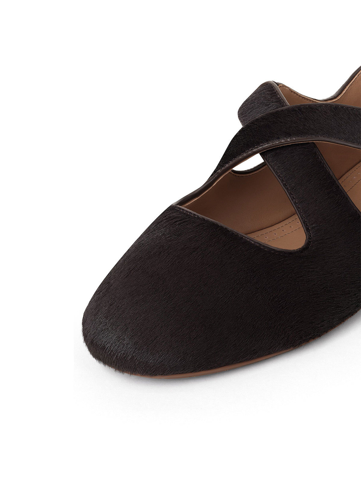 Black Pony Hair Round-Toe Criss Cross Strap Ballet Flats