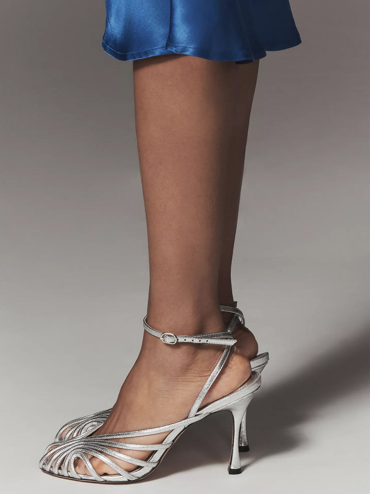 Metallic Silver Pointed-Toe Strappy Slingback And Buckle Ankle Strap High Heels