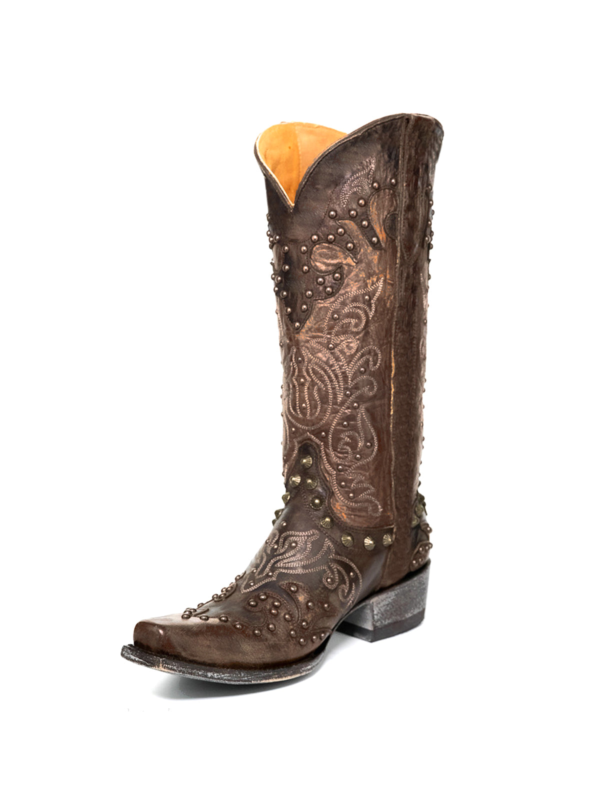 Contrast Brass And Chocolate Snip-Toe Studs And Embroidery Mid Calf Cowgirl Boots