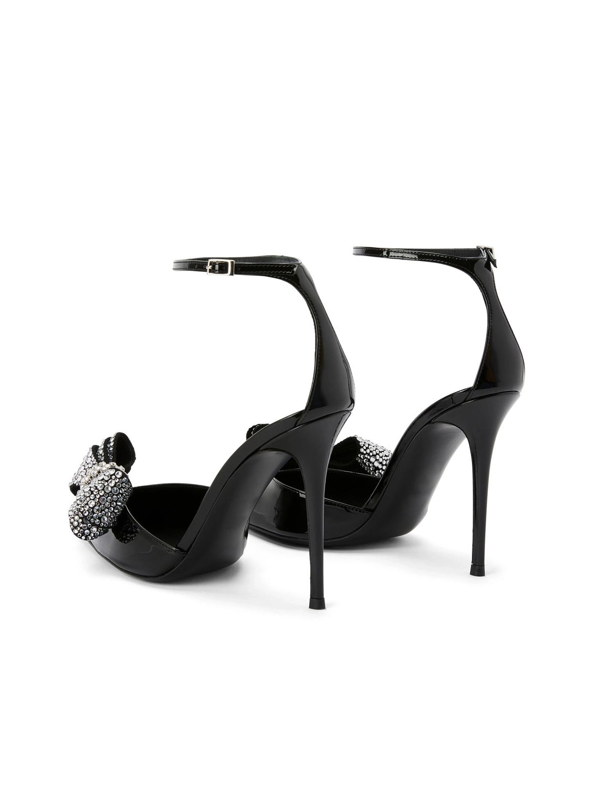 Patent Black Pointed-Toe Front Rhinestones Bow Ankle Strap High Heels