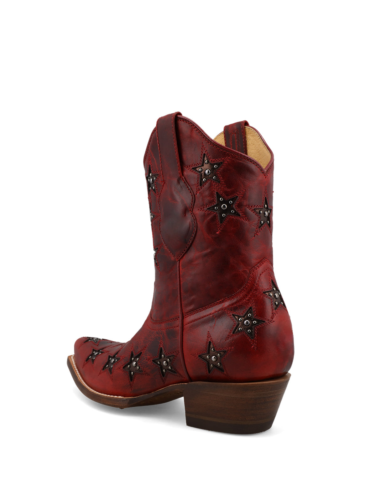 Distressed Brown Studded Snip-Toe Cowgirl Ankle Booties With White Star Inlay