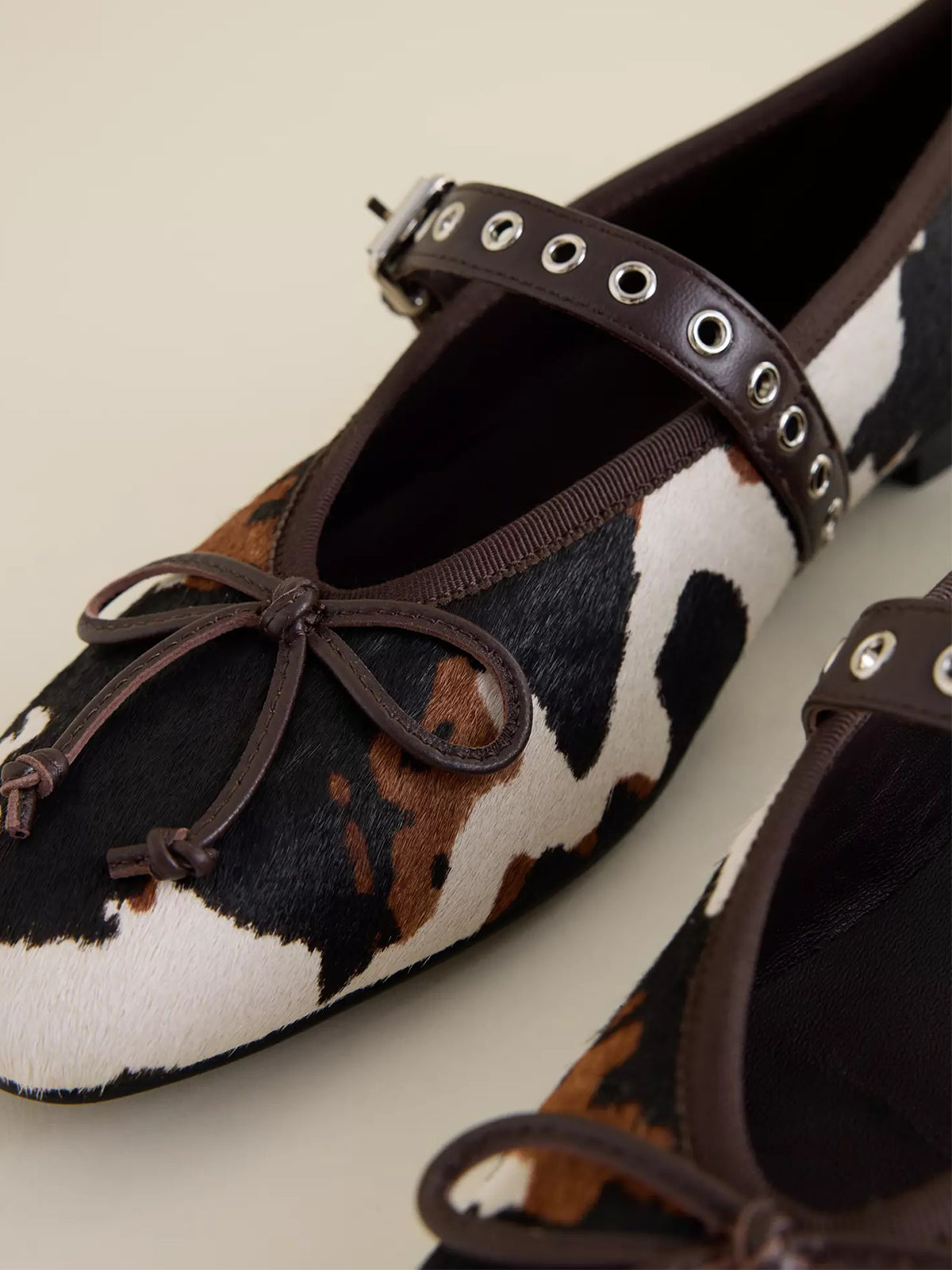 Cow Print Round-Toe Mary Jane Front Bow Ballet Flats