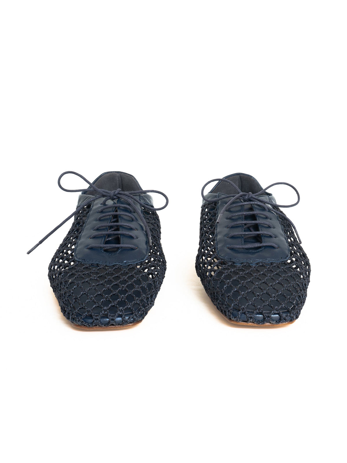 Navy Mesh And Vegan Leather Square-Toe Lace-Up Chic Flats