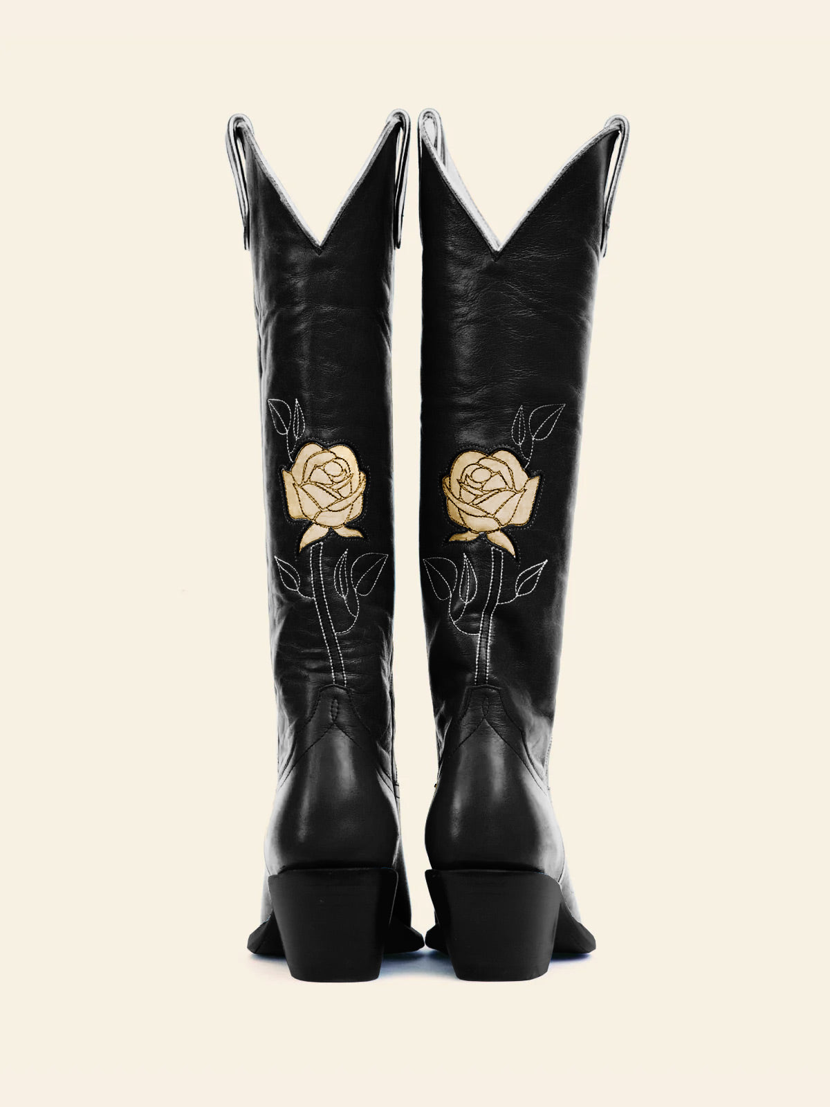 Black Almond-Toe Cowgirl Wide Calf Boots With Metallic Gold Rose Inlay