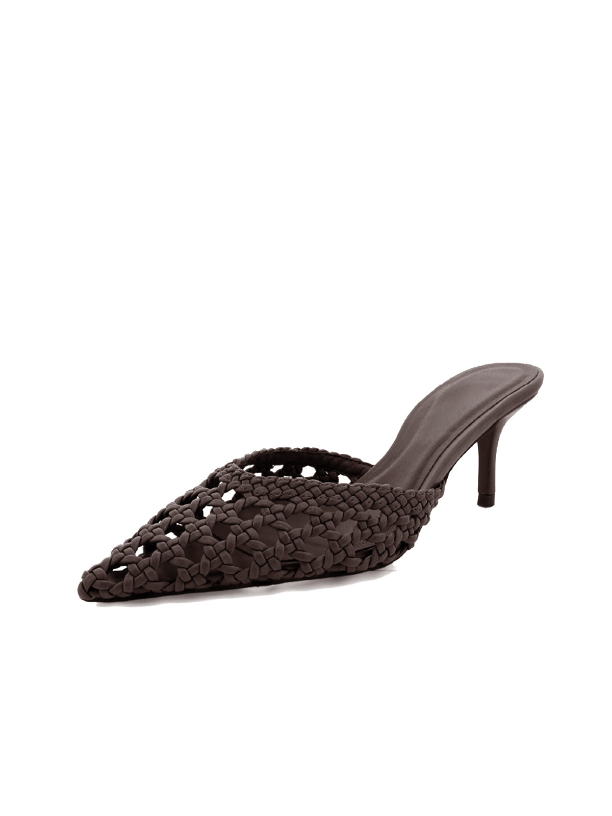 Chocolate Vegan Leather Woven Pointed-Toe Backless High Heels
