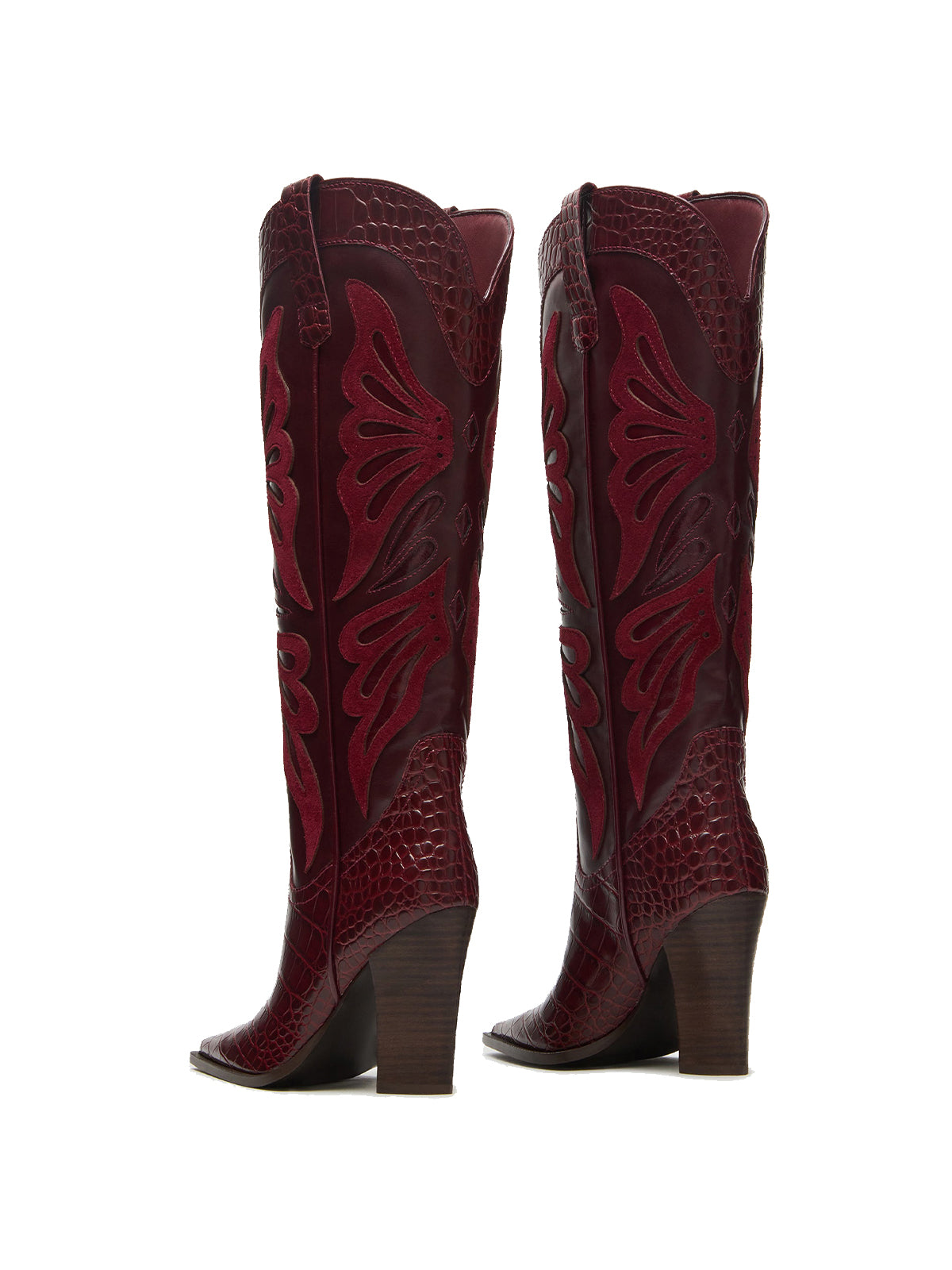 Burgundy Contrast Vegan Leather And Crocodile Print Pointed-Toe Wings Applique Knee High Cowgirl Boots